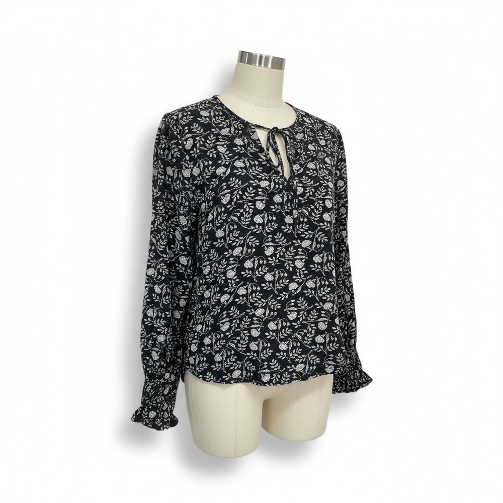 Lucky Brand Black Floral Printed Long Sleeve Blouse EUC size L